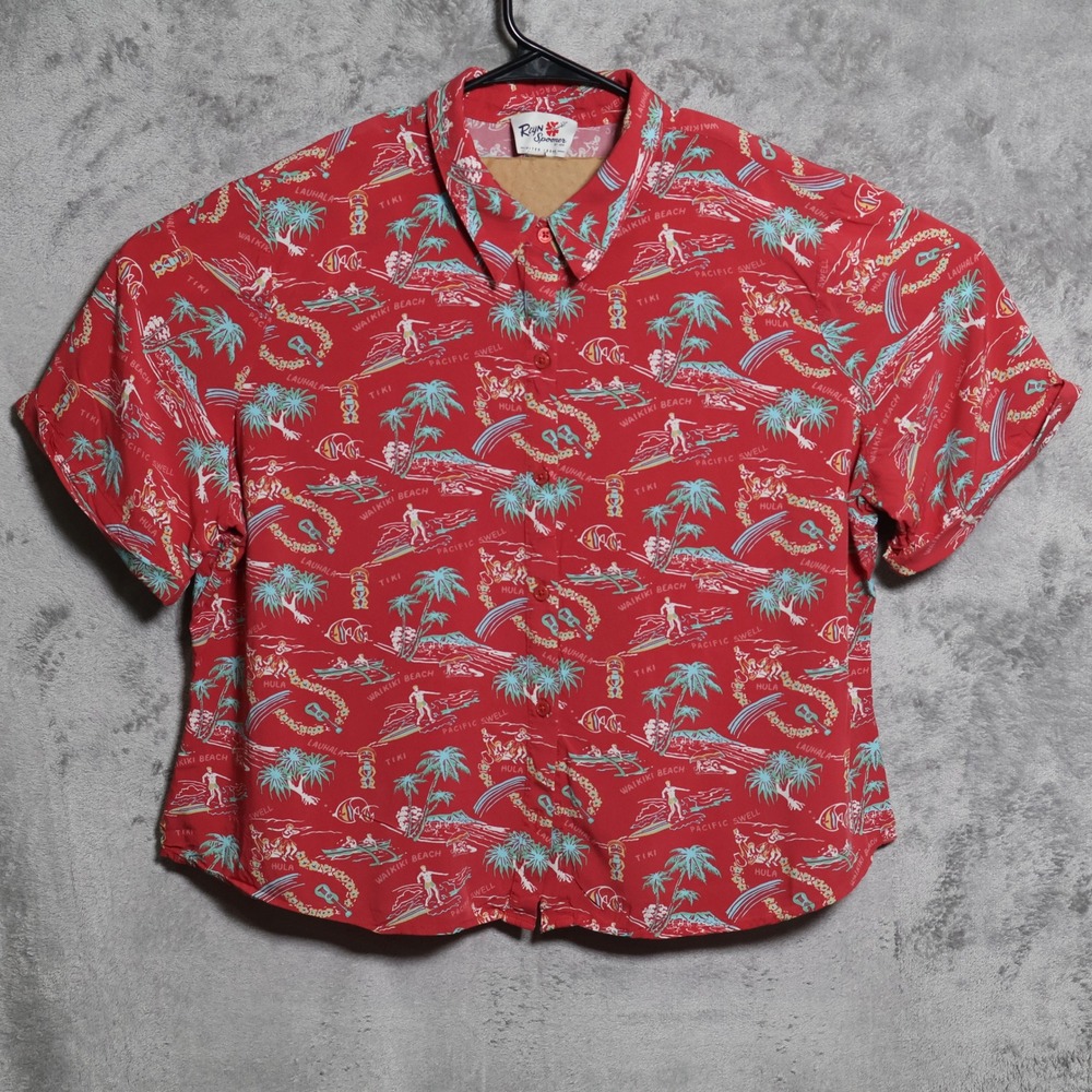 Reyn Spooner Hawaiian Shirt Womens XXL Red Tiki Waikiki Beach Aloha Rayon Casual